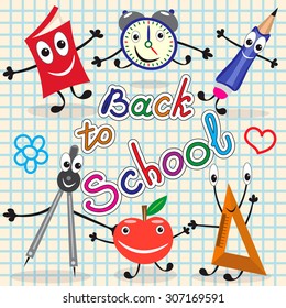 Funny school supplies and label. Back to school. Vector illustration