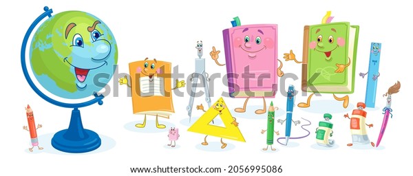 Funny\
school supplies and a large globe. In cartoon style. Isolated on\
white background. Vector flat illustration. \
