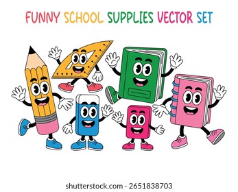 Engraçado escola fornece conjunto vetor, personagens de desenhos animados bonito para crianças educação e design.