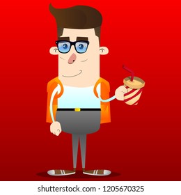 Funny schoolboy holding a paper cup of coffee. Vector cartoon character illustration.