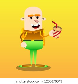 Funny schoolboy holding a paper cup of coffee. Vector cartoon character illustration.