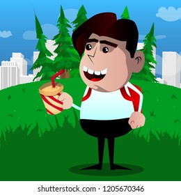 Funny schoolboy holding a paper cup of coffee. Vector cartoon character illustration.