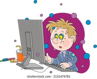 Funny schoolboy playing a creepy computer game all day long without a break, vector cartoon illustrations isolated on a white background