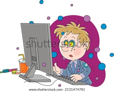 Funny schoolboy playing a creepy computer game all day long without a break, vector cartoon illustrations isolated on a white background