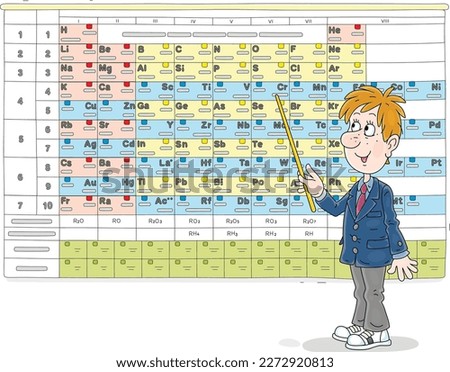 Funny schoolboy with a pointer standing at a periodic table of chemical elements and answering questions of a teacher at a chemistry lesson in a school class, vector cartoon illustration on white
