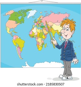 Funny schoolboy pointing to counties on a World map and describing about them