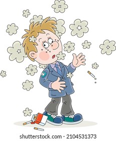 Funny schoolboy unsuccessfully trying to smoke his first cigarette, vector cartoon illustrations isolated on a white background