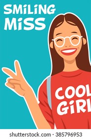funny schoolgirl in glasses showing thumbs up sign poster victory