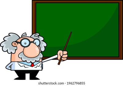Funny Science Professor Cartoon Character Holding A Pointer Stick To A Chalkboard. Vector Hand Drawn Illustration Isolated On Transparent Background