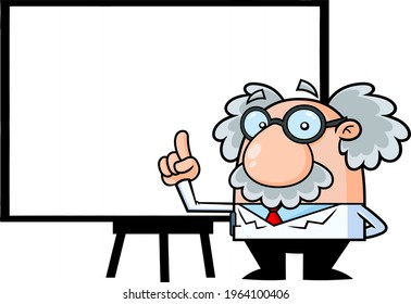 Funny Science Professor Cartoon Character Pointing To A White Presentation Board. Vector Hand Drawn Illustration Isolated On Transparent Background