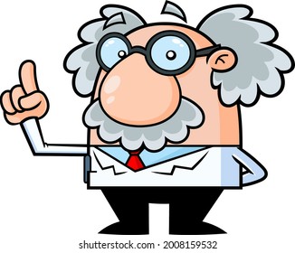 Funny Science Professor Cartoon Character Pointing Up Index Finger And Giving Advice Or Suggestion. Vector Hand Drawn Illustration Isolated On Transparent Background