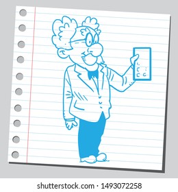 Funny scientist character holding tablet.