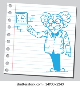Funny scientist character pointing on watch.