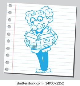 Funny scientist character reading scientific book.