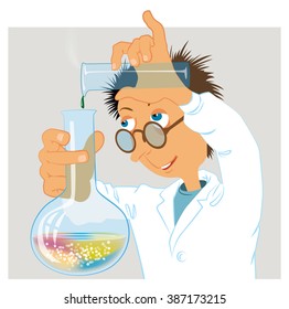 Funny scientist enthusiastically engaged in research work. Vector illustration