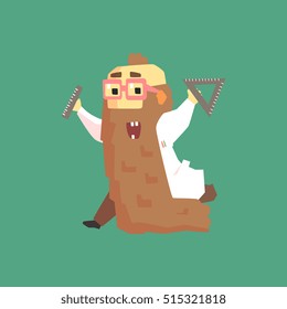 Funny Scientist In Lab Coat With Long Bead Running