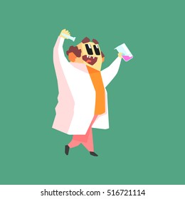 Funny Scientist In Lab Coat Walking With Two Test Tubes