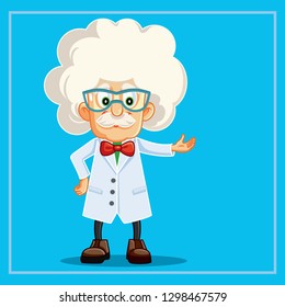  Funny Scientist Professor Cartoon Character. Genius teacher wearing white lab coat presenting a lesson
