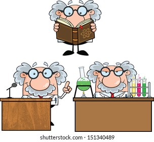 Funny Scientist Or Professor Cartoon Characters. Set Vector Collection 6