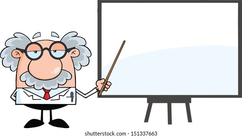 Funny Scientist Or Professor With Pointer Presenting On A Board