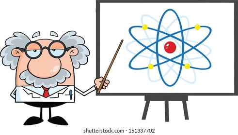 Funny Scientist Or Professor With Pointer Presenting An Atom Diagram