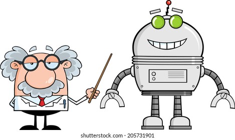 Funny Scientist Or Professor Shows His Pointer A Big Robot. Vector Illustration Isolated on white