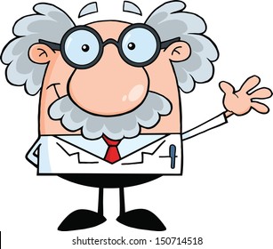 Funny Scientist Or Professor Smiling And Waving For Greeting