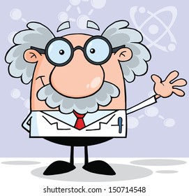 Funny Scientist Or Professor Smiling And Waving 