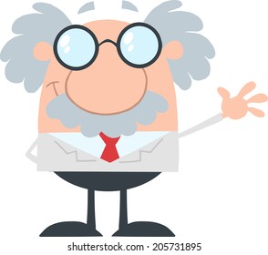 Funny Scientist Or Professor Waving Flat Design. Vector Illustration Isolated on white