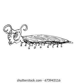 Funny scolopendra, hand drawn doodle black and white sketch in pop art style, vector illustration