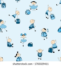 Funny scoolchildren with backpacks.Flat semless vector illustration for boys, blue colors.Templates under the mask is not cropped and can be edited

