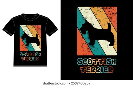 Engraçado Scottish Terrier Retro Vintage Sunset T-shirt Design template, Scottish Terrier Board, Adesivo janela do carro, POD, capa, fundo branco isolado, Presente de Silhueta para Scottish Terrier Lover