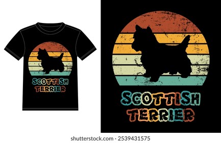 Funny Scottish Terrier Retro Vintage Sunset T-shirt Design template, Scottish Terrier Board, Car Window Sticker, POD, cover, Isolated white background, Silhouette Gift for Scottish Terrier Lover