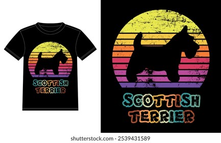 Funny Scottish Terrier Retro Antiguas Sunset Plantilla de diseño de camiseta, Tablero Terrier escocés, etiqueta engomada de la ventana del coche, POD, cubierta, fondo blanco aislado, regalo de la silueta para el amante Terrier escocés