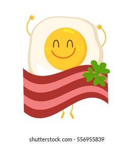 Funny scrambled eggs bacon hid. Flat vector illustration isolate on a white background. easy to use
