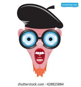 Funny screaming man wearing glasses isolated on a white background.