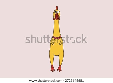 Funny Screaming Yellow Rubber Chicken Toy with Red Bow Tie, Vector Cartoon Illustration