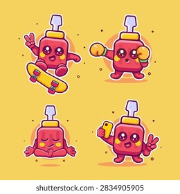 funny screwdriver characters vector illustration set featuring skateboarding kickflip trick, boxing sport, yoga meditation, and taking a selfie.