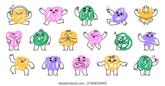 Funny scribble doodle characters. Colorful emotional art elements, abstract character different poses. Groovy mascots with flower, hearts, racy vector creative set