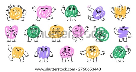 Funny scribble doodle characters. Colorful emotional art elements, abstract character different poses. Groovy mascots with flower, hearts, racy vector creative set