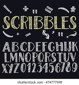 Funny scribbles alphabet in sketchy style. Chalk imitation letters, digits and symbols on dark background.