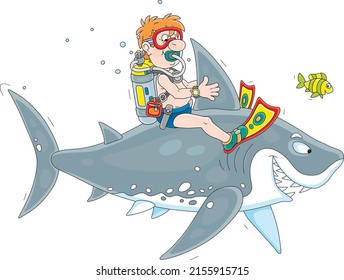 Funny scuba diver with a mask, flippers and an aqualung riding a merry great white shark in a tropical sea on summer vacation, vector cartoon illustration isolated on a white background
