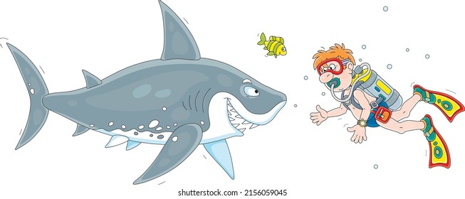 Funny scuba diver with a mask, flippers and an aqualung suddenly met a merry great white shark in a tropical sea, vector cartoon illustration isolated on a white background