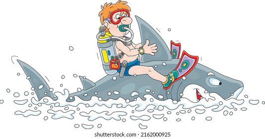 Funny scuba diver with a mask, flippers and an aqualung riding a merry great white shark in a tropical sea on summer vacation, vector cartoon illustration isolated on a white background