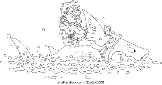 Funny scuba diver with a mask, flippers and an aqualung riding a merry great white shark in a tropical sea on summer vacation, black and white vector cartoon illustration for a coloring book