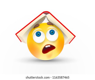 Funny sdumbfounded or frightened round face with facial expression or emotion and big book or texbook on head on white background. Vector illustration.