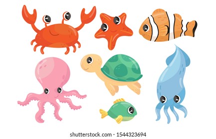 Funny Sea Animal Characters Vector Set. Underwater Life Concept