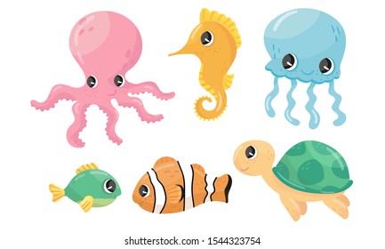 Funny Sea Animal Characters Vector Set Stock Vector (Royalty Free ...