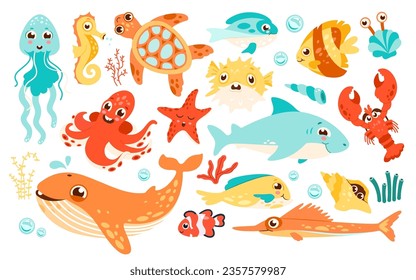 Funny sea animal set. Cute cartoon marine character vector illustration. Ocean life underwater inhabitant. Colorful jellyfish, turtle, crab, starfish, octopus, whale, medusa aquatic baby creature