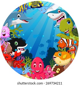 funny sea animals cartoon set